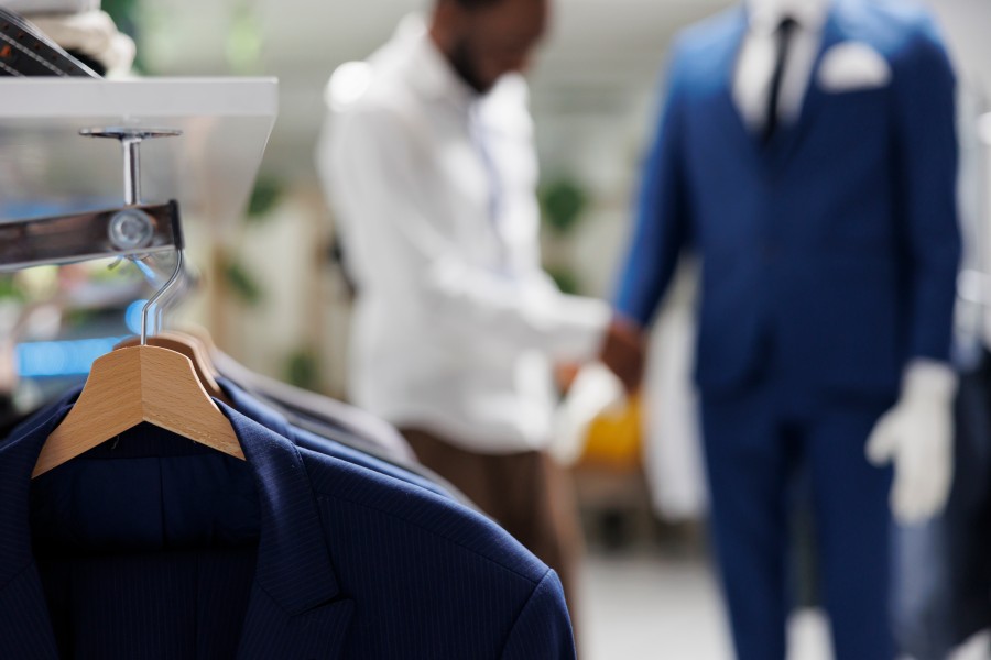 Premium Dry Cleaning Services in Noida showcasing a professionally cleaned blue suit on a hanger with garment care experts in the background.