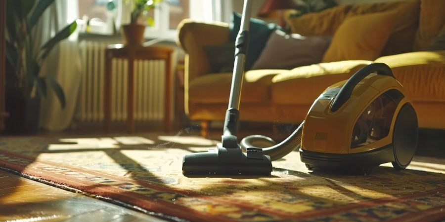 Professional vacuum cleaner cleaning a living room carpet and sofa area in a modern home.