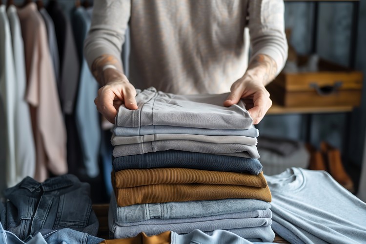 Person folding a stack of neatly washed clothes in a home laundry area.