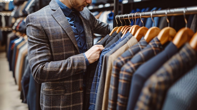Man selecting a suit from a clothing rack for professional dry cleaning and garment care