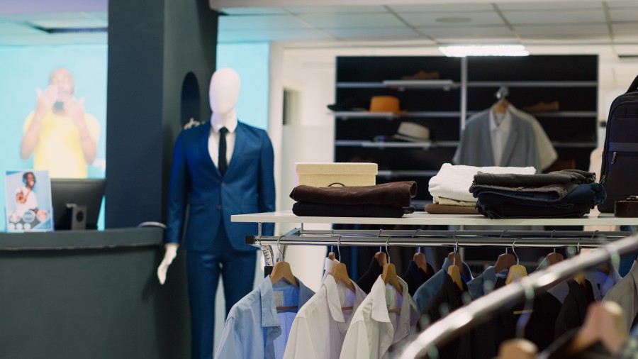 Clothing store interior with a blue-suited mannequin, racks of shirts and trousers, and folded clothes displayed on shelves and tables.