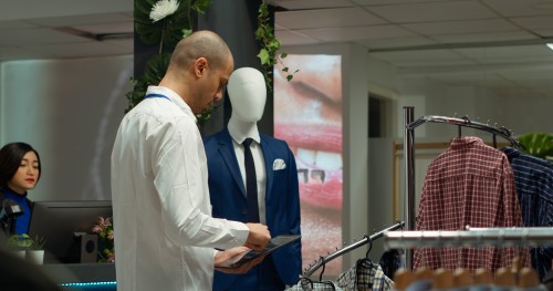 Dry Cleaning Service Provider inspecting clothing while using a digital tablet in a professional garment store.