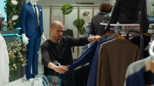 Dry cleaning services: A man in a wheelchair selects a navy blue formal suit jacket at a clothing store, browsing garments for professional dry cleaning and garment care services.